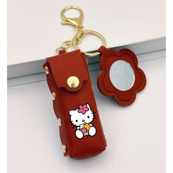 Hello Kitty Red Lipstick Case Keychain with Mini Mirror Cute Floral Design - Picture 2 of 3